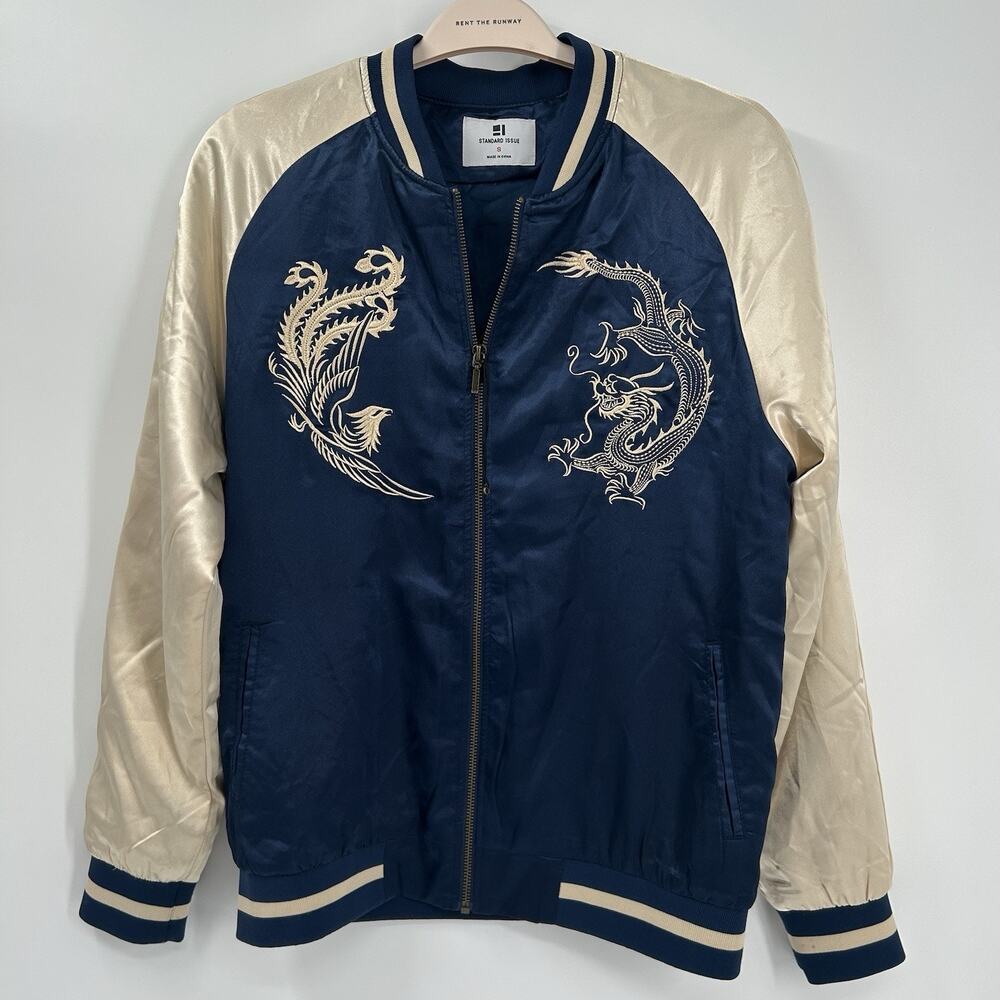 Standard Issue Men's Navy Blue Dragon & Eagle Embroidery Bomber Jacket Size S
